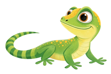 Green and yellow cute iguana lizard playing outside happily