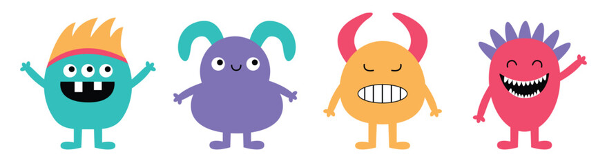 Happy Halloween. Funny monster set line. Cute cartoon character. Colorful silhouette monsters. Kawaii face with teeth, horns eyes hands. Childish baby collection. Flat design. White background. Vector