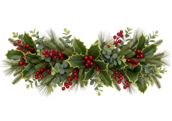 A festive garland of holly, pine, and eucalyptus branches, adorned with bright red berries, creates a vibrant holiday display against a striking black background.