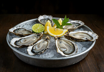 Fresh oysters on ice with lemon and lime garnishes.