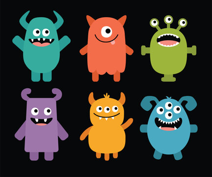 Naklejki Cute monster icon set. Happy Halloween. Cartoon kawaii colorful scary funny character. Eyes, tongue, hands up. Baby collection. Sticker print. Childish style. Flat design. Black background. Vector