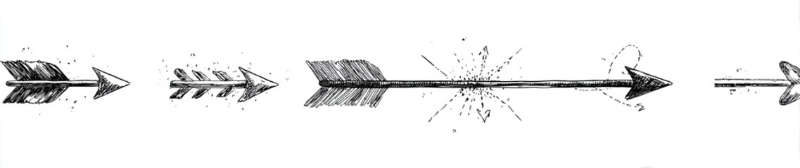 Three stylized arrows, with decorative feather details and a textured, speckled effect