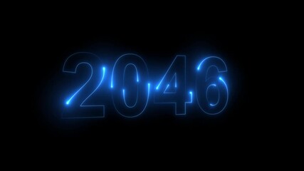 Neon glittering 2046 text on reflection festive background, Christmas and new year celebration. Text new year 2046 blue and green neon effect animation, on a black background. 4k