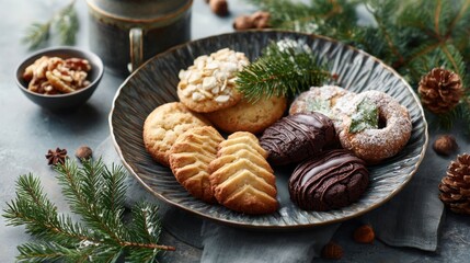 Assorted Christmas cookies on ceramic plate with chocolate, nuts, and fir branches, styled on stone background. Cozy holiday dessert concept