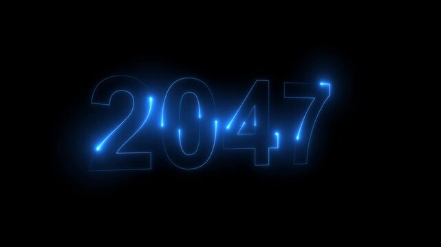 Neon glittering 2047 text on reflection festive background, Christmas and new year celebration. Text new year 2047 blue and green neon effect animation, on a black background. 4k