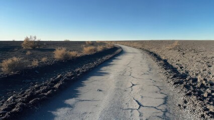 Winding dirt road through flat, arid landscape under clear blue sky