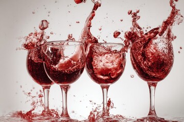 Red wine splashes in four glasses