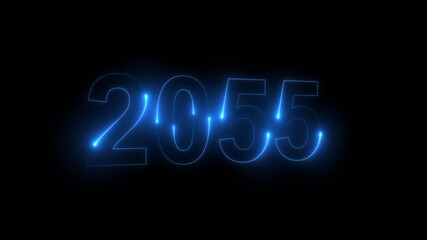 Neon glittering 2055 text on reflection festive background, Christmas and new year celebration. Text new year 2055 blue and green neon effect animation, on a black background. 4k - Powered by Adobe