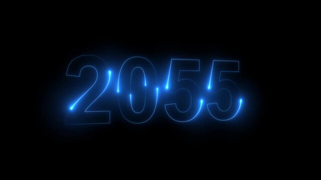 Neon glittering 2055 text on reflection festive background, Christmas and new year celebration. Text new year 2055 blue and green neon effect animation, on a black background. 4k