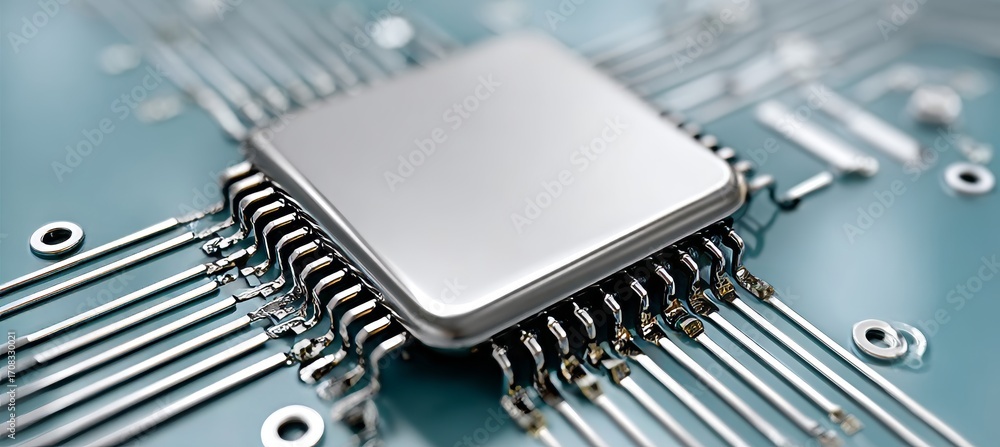 Aufkleber modern electronics and computer technology closeup of silver processor on circuit board still life