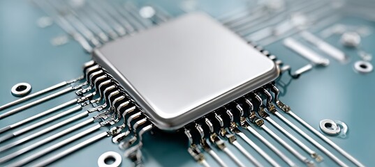 Modern Electronics and Computer Technology Closeup of Silver Processor on Circuit Board Still Life