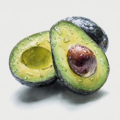 Two halves of an avocado, wet with water droplets, close-up view