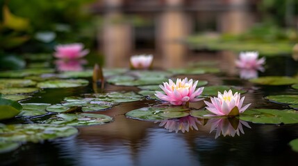 Serene Water Lilies Blooming in Tranquil Pond, Perfect for Wellness and Relaxation Retreats
