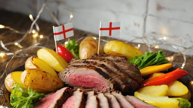Festive English roast beef with roasted potatoes and vegetables, cinematic food video with steam rising, glowing holiday lights and rustic table for traditional British cuisine presentation