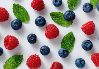 Fresh raspberries and blueberries, scattered with mint leaves on white background