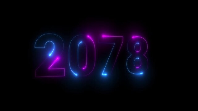 Neon glittering 2078 text on reflection festive background, Christmas and new year celebration. Text new year 2078 blue and green neon effect animation, on a black background. 4k