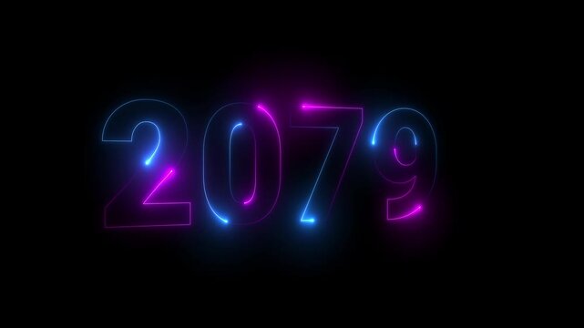 Neon glittering 2079 text on reflection festive background, Christmas and new year celebration. Text new year 2079 blue and green neon effect animation, on a black background. 4k