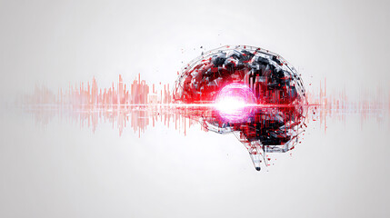 Digital brain with sound wave visualization and glowing core