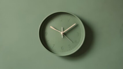 A sage-green analog wall clock with white hands and numerals hangs against a matching green background, showcasing minimalist design