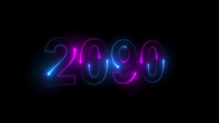 Neon glittering 2090 text on reflection festive background, Christmas and new year celebration. Text new year 2090 blue and green neon effect animation, on a black background. 4k