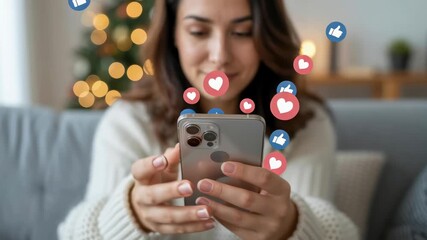 Young woman using smartphone with floating social media icons of likes and hearts, concept of online interaction, engagement, communication and digital lifestyle. - Powered by Adobe