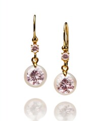 Delicate gold-tone earrings with pink gemstones and pearls.  A pair of dangle earrings featuring a light gold-colored metal setting. 
