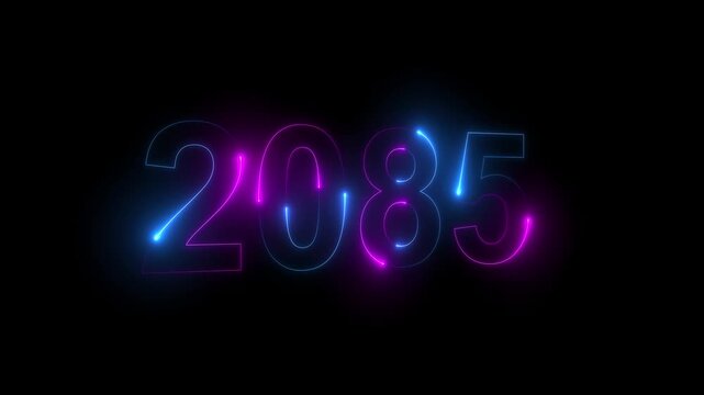 Neon glittering 2085 text on reflection festive background, Christmas and new year celebration. Text new year 2085 blue and green neon effect animation, on a black background. 4k