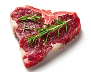 Raw T-bone steak, seasoned with rosemary and salt