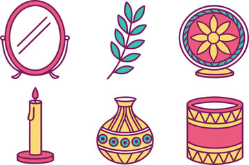 Flat Design Icons: Mirror, Candle, Vase, Fan, Plant, and Drum vector Illustration