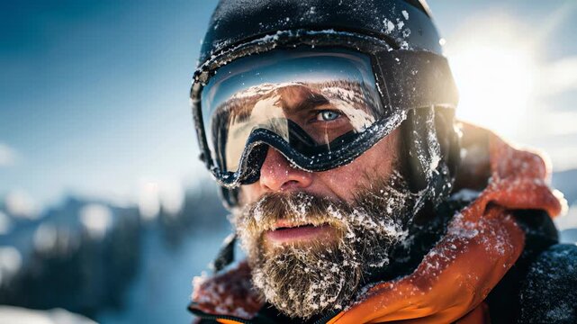 Close up portrait of a bearded man with frosty beard and icy goggles gazing into a snowy mountain environment, adventurous and rugged winter look.