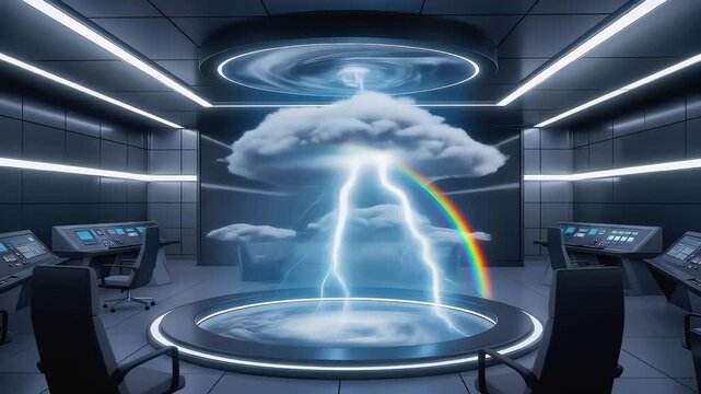 A futuristic command center with a powerful indoor weather simulator creating a thunderstorm and rainbow. Modern science, climate engineering, and advanced technology.