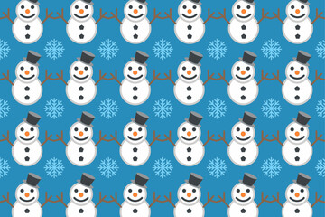 Vector seamless pattern with snowmen and snowflakes on blue background, perfect for Christmas, winter holidays, festive wrapping paper, greeting cards, and seasonal decorations.