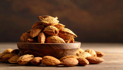 Bowl overflowing with almonds, a healthy snack in focus, Still life of a wooden bowl filled to the brim with shelled almonds on rustic wood