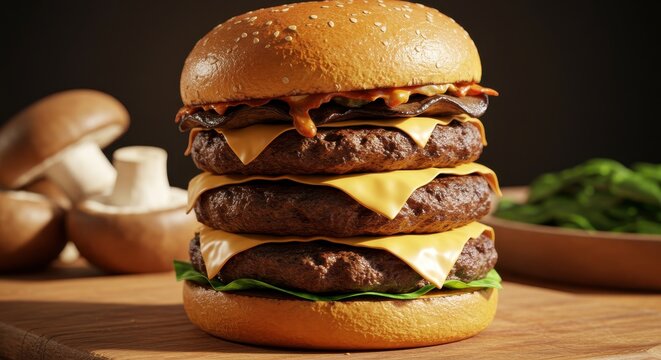 Triple Layer Cheeseburger with Melted Cheese and Fresh Vegetables