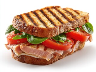 Close-up of a gourmet grilled sandwich.  Freshly toasted bread, showcasing grill marks, holds slices of grilled tuna, cherry tomatoes, and fresh basil leaves.  Appetizing and healthy
