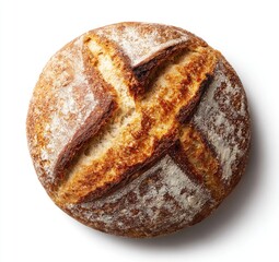 Round loaf of artisan bread, top view.  Crisp crust, golden brown, with a  cross-hatch pattern.  Light interior