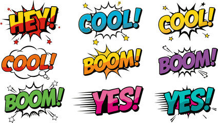 Vibrant collection of comic book style speech bubbles with popular exclamations 'Cool', 'Boom', 'Yes', 'Hey'. Retro pop art design for dynamic graphic communication