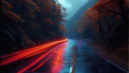 Winding road through a dark, autumnal canyon with vibrant light trails