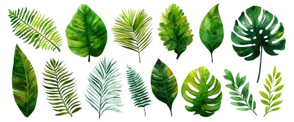 Tropical leaves in various shapes and shades of vibrant green