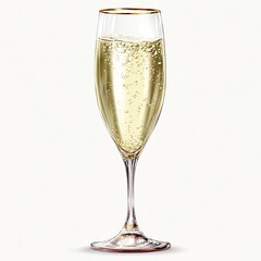 Champagne flute, filled with bubbly liquid, gold rim