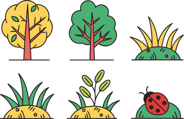 Simple Flat Icons of Trees, Grass, and a Ladybug on vector Illustration White Background