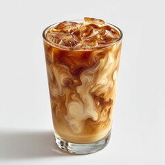 Iced coffee drink in a glass.  Creamy, textured milk swirled with coffee, over ice.  Clean, bright background
