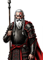 Fantasy RPG character illustration of an older male warrior with white braided beard wearing ornate black and red lamellar armor, old school medieval fighter design for roleplay