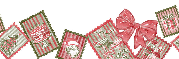 Hand-drawn seamless Christmas border with vintage postage stamps. Watercolor retro holiday illustration with Santa, nutcracker, and bow, isolated on white background
