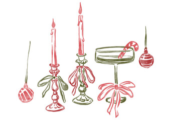 Seamless Christmas border with hand-drawn candles, cocktails, and ornaments. Festive holiday party illustration isolated on white background