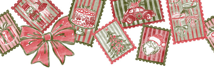 Hand-drawn seamless Christmas border with vintage postage stamps. Watercolor retro holiday illustration with Santa, nutcracker, and bow, isolated on white background