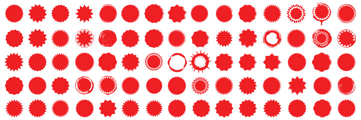 Red starburst sticker big set. Special offer price tag. Price sticker, sale sticker, starburst, quality mark, retro silhouette. Sunburst retro sale badge, quality signs, sale icons. vector set