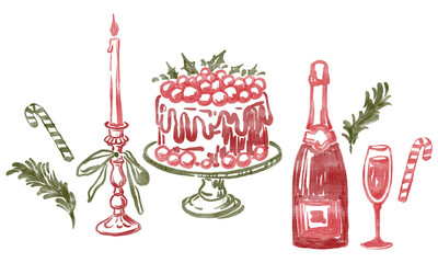 Seamless Christmas border with hand-drawn candles, cocktails, and ornaments. Festive holiday party illustration isolated on white background