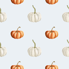 Pumpkins Orange and White Autumn Vegetable Watercolor hand painted food seamless pattern on blue background fall design
