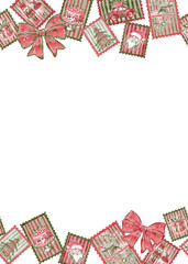 Hand-drawn seamless Christmas border with vintage postage stamps. Watercolor retro holiday illustration with Santa, nutcracker, and bow, isolated on white background